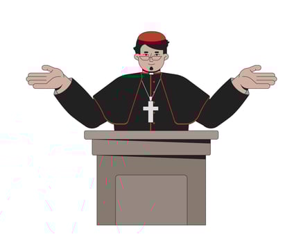 Catholic cardinal giving speech at podium 2D cartoon character. Male priest sermon. Religious leader wearing robes with cross flat person isolated on white. Spot illustration colorful vector