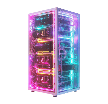 Neon-lit high-tech server rack image isolated transparent. Futuristic glowing digital infrastructure. Advanced data processing cutout element object photography png