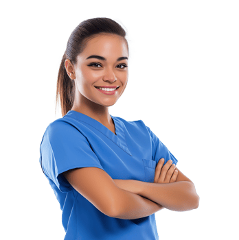Young female nurse with arms crossed image isolated transparent. Friendly caregiver woman in blue scrubs. Hospital employee. Healthcare provider cutout photography png