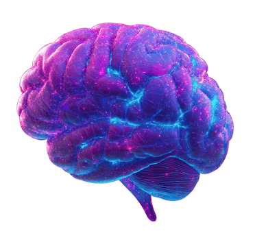 Futuristic purple brain with blue pink neural networks transparent image. Cognitive science isolated cutout 3d render. Artificial intelligence cut out clipart design element png
