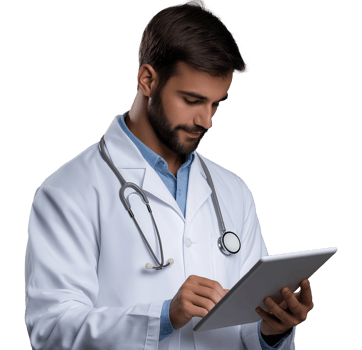 Young adult male doctor reviewing patient data image isolated transparent. Stethoscope general practitioner working on tablet. Healthcare provider cutout photography png
