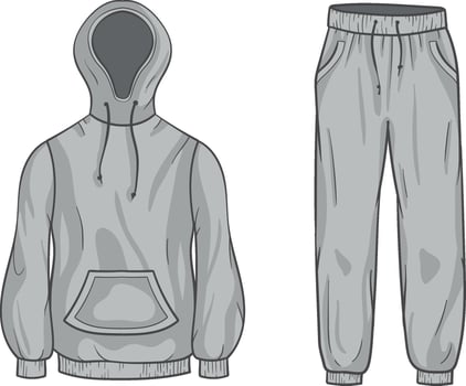 illustration of a monochrome tracksuit of a hooded sweatshirt with a front pocket and drawstrings, with matching jogger pants featuring an elastic waistband and side pockets on white background vector