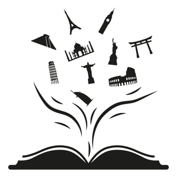 Silhouette of a book that tells about a trip around the world. Abstraction to travel. vector