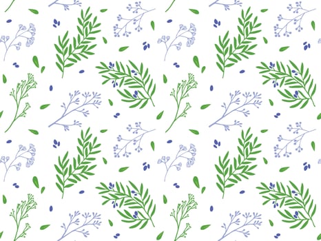 seamless botanical pattern with delicate green leaves, blue flowers, and tiny berries on a white background. Perfect for fabric, wallpaper, stationery, and packaging. vector