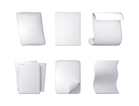 3d set of white blank paper pages isolated. Render collection of paper sheets with curled corners and folded edges. Empty documents, notes or letters mockup. vector