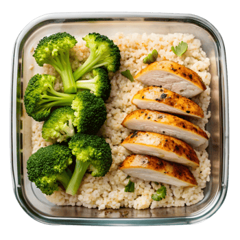 Healthy meal prep featuring grilled chicken, broccoli and couscous in container png