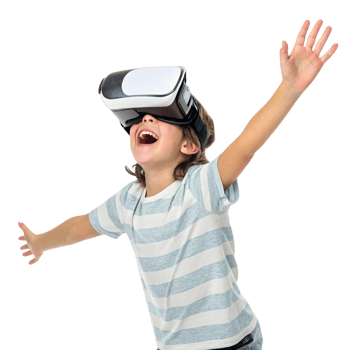 Excited child wearing virtual reality headset, experiencing immersive school technology, arms raised in joy and wonder png