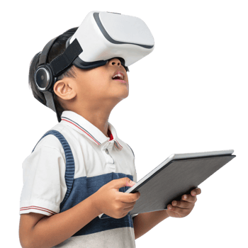 Young boy using virtual reality headset, exploring school technology with excitement and curiosity, holding tablet in his hands png
