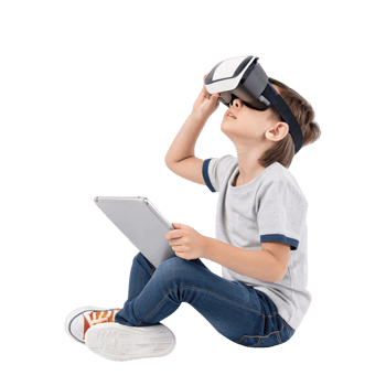 young boy is engaged immersive experience using virtual reality technology while seated floor, holding tablet. His expression shows curiosity and png
