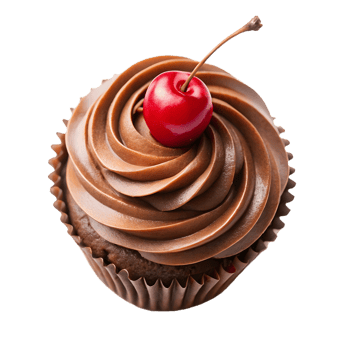 Delicious chocolate cupcake with a swirl of frosting and a cherry on top png