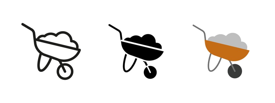 Wheelbarrow icon. Construction and gardening tool illustration. Used for transporting materials like soil, concrete or debris. Essential for building sites, landscaping and heavy-duty work. vector