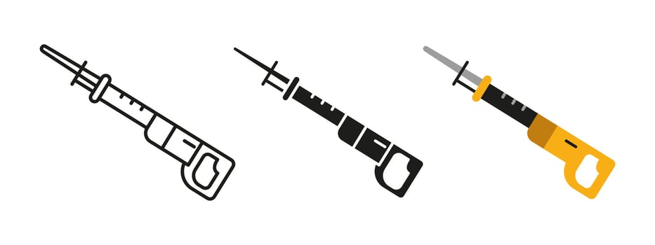 Reciprocating saw icon. Electric cutting tool illustration. Powerful handheld equipment used in construction, demolition and woodworking. Essential for DIY, repair and metal renovation projects vector