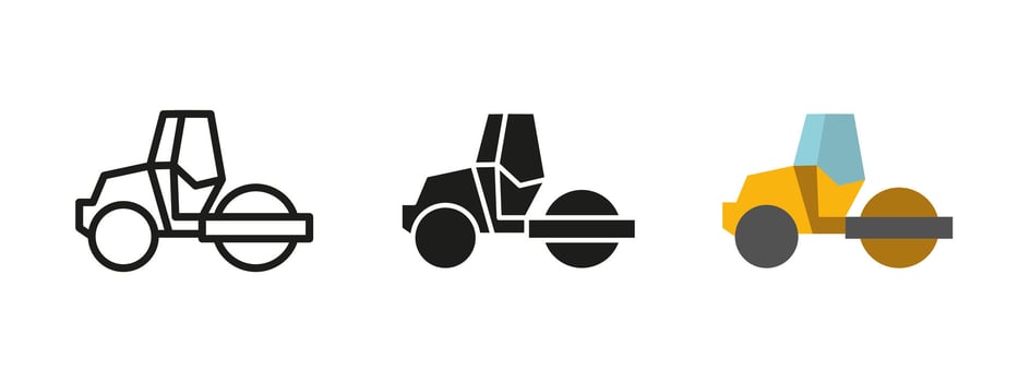 Roller icon. Heavy construction machine illustration. Industrial road compactor used for asphalt paving and infrastructure projects. Transport equipment for engineering and pavement repair. vector