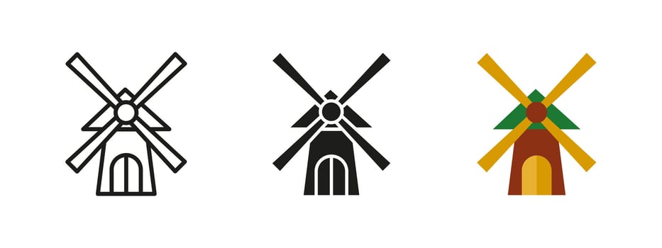 Windmill icon. Traditional farm mill illustration. Agricultural and countryside symbol representing grain milling and rural heritage. Classic barnyard and village landmark concept. vector