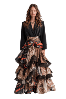 Elegant woman in artistic long skirt with modern design and layered ruffles, showcasing fashion creativity in portrait style png