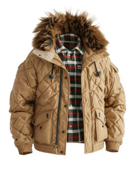 Cozy tan quilted jacket with fur hood and plaid shirt for winter fashion styling and outdoor adventures png