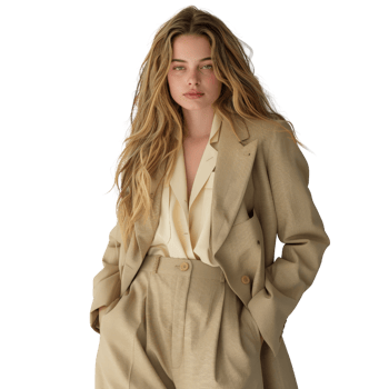 Elegant woman wearing tailored beige suit with soft waves, showcasing modern fashion and sophisticated style in studio setting png