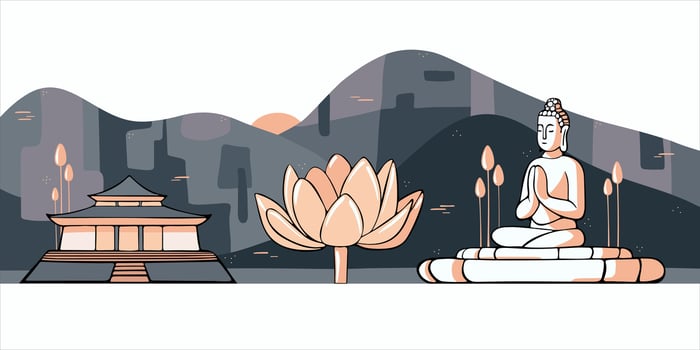 Asian Buddha in lotus position meditates on the background of mountains. Congratulatory, banner for Buddha's birthday, Vesak holiday. Stylish minimalistic poster with text Happy Vesak Day vector