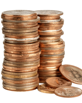 Stacks of Coins with Bitcoin Tokens on White Background Symbolizing Cryptocurrency and Financial Transactions png