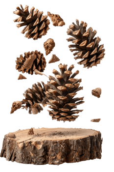 Floating Pine Cones Above Wooden Log Surface with Natural Organic Elements in a Captivating Composition png
