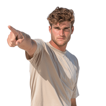 Young man pointing outdoors, wearing casual clothes, displaying confidence and determination with clear blue sky background png