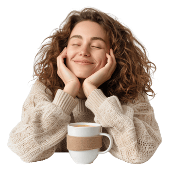 Young woman with curly hair enjoying a warm cup of coffee while smiling with eyes closed in a cozy atmosphere at home png