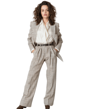 Stylish Businesswoman in Elegant Plaid Suit with Soft Blouse Stands Confidently Against Simple Background png
