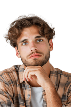 Pensive young man with curly hair resting chin on hand, wearing plaid shirt and white t-shirt, thoughtful expression indoors png