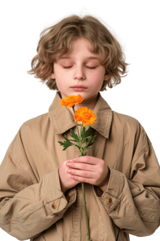 Child Holding Orange Flowers with Closed Eyes, Wearing Beige Jacket, Soft Natural Light, Peaceful Expression, Isolated Background png