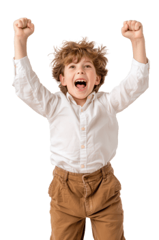 Joyful boy expressing excitement with raised fists and a bright smile, wearing a white shirt and beige pants png
