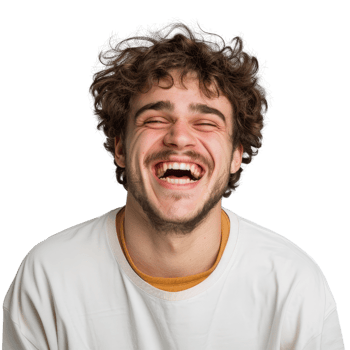 Joyful young man with curly hair laughing wholeheartedly in casual clothing on a bright background showcasing pure happiness png