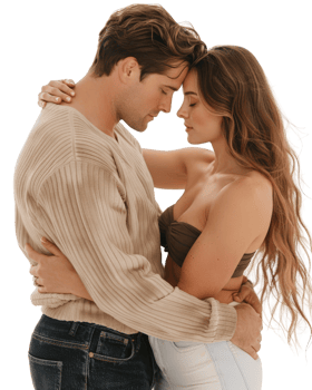 Intimate Moment Between Couple in Embrace with Warm Expressions and Tender Connection in Studio Setting png