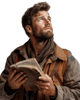 Thoughtful man with beard holding a book looking up in a contemplative pose against a neutral background png