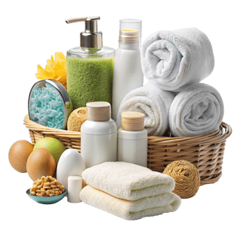 Elegant arrangement of spa essentials with candles, lotions, and natural materials creating a serene wellness experience png