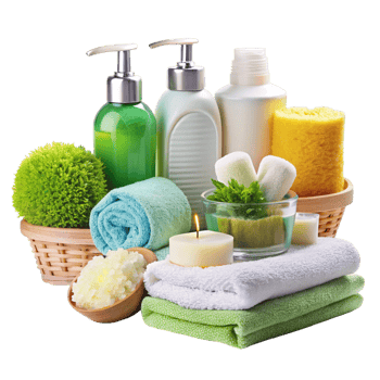 Wellness and relaxation accessories including natural spa products, fluffy towels, and greenery for rejuvenating ambiance png