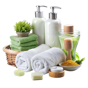 Luxury spa setup featuring aromatic candles, green leaves, rolled towels, and skincare bottles for relaxation themes png