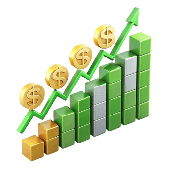 Financial bar graph with gold coins, green arrow, and growth indicators for business success png