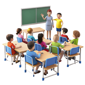 Diverse students actively participating in lessons with attentive teacher guiding discussion in a modern classroom setup png