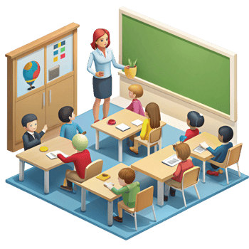 Interactive classroom setting with teacher and students engaged in a dynamic learning environment and teamwork activities png