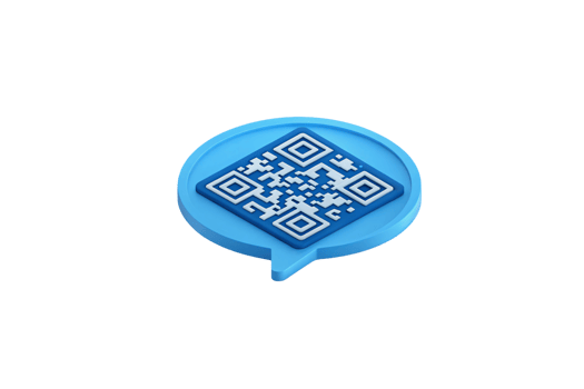 Blue speech bubble containing a 3D QR code, symbolizing fast, modern access to information and digital interactions in a sleek, illustrative style png