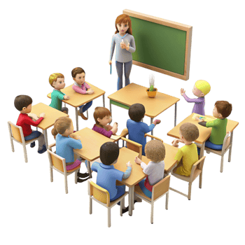 Inclusive classroom scene with teacher instructing children, fostering teamwork, creativity, and interactive learning methods png