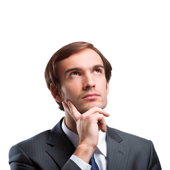 Professional male in deep thought with gears and mechanisms illustrating brainstorming and analytical skills png