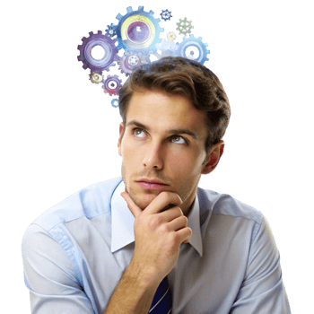 Portrait of a thoughtful businessman with colorful gears above his head symbolizing innovation and problem solving png