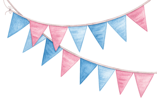Two strings of pink and blue bunting flags, artistically arranged with vibrant watercolor texture, perfect for festive occasions or gender-reveal themes png