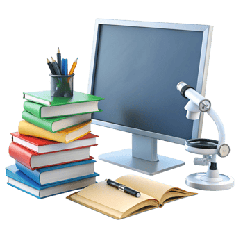 Classroom and laboratory education concept showcasing books, scientific tools, and learning resources for research png