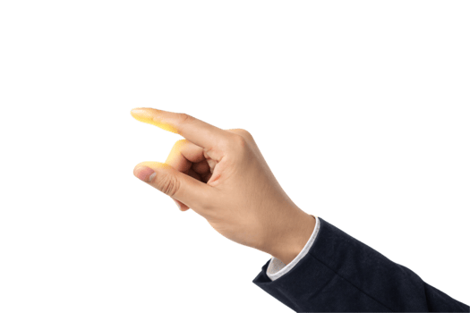 A hand in a suit jacket pinching two fingers with a glowing yellow light emanating from the fingertips on a black background png