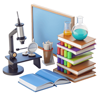 Scientific research tools with microscope, books, test tubes, and flasks symbolizing education and laboratory learning png