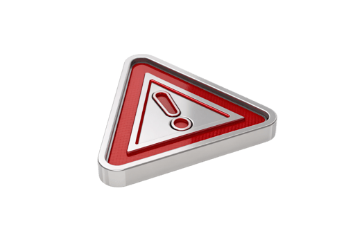 A modern metallic triangular hazard sign, its bold red interior showcasing a streamlined exclamation mark, polished and reflective png