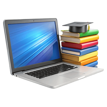 Online studies illustration showcasing a laptop, stacked books, and academic elements for remote education success png