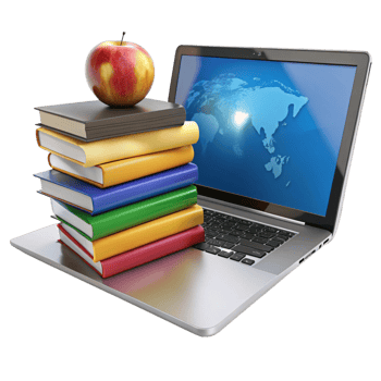Modern educational technology setup with laptop, books, and apple emphasizing virtual learning and academic progress png